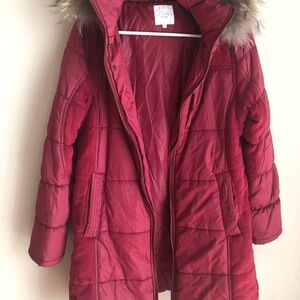 Red Hooded Puffer Coat with Faux Fur Trim